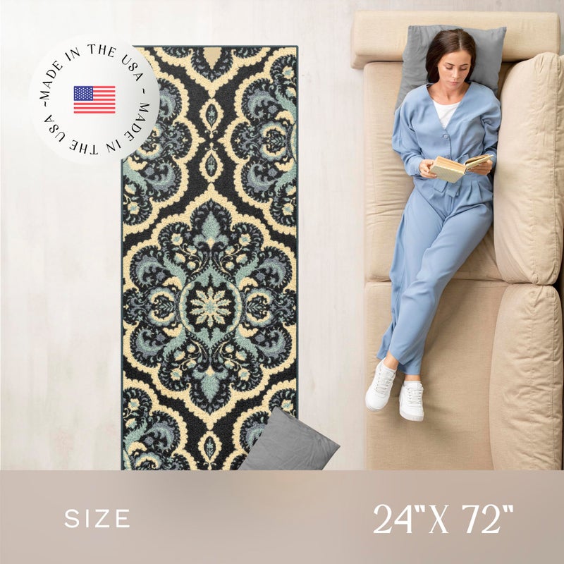 Maples Rugs سجادة مابلس روجز فيفيان ميداليون - مصنوعة في الولايات المتحدة - قابلة للغسل، غير قابلة للانزلاق، سجادة داخلية للممر، المطبخ، وغرفة الغسيل، 2' x 6'، أزرق فارسي - Image 3